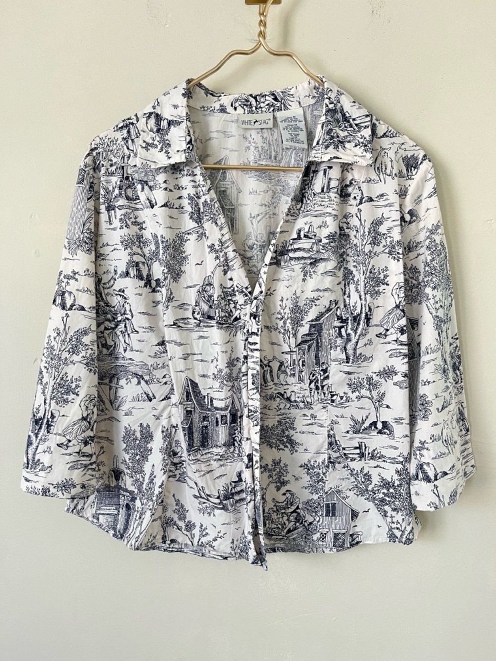 White Stag White & Navy Toile Button-Up Shirt minimalist 100% Cotton size M
